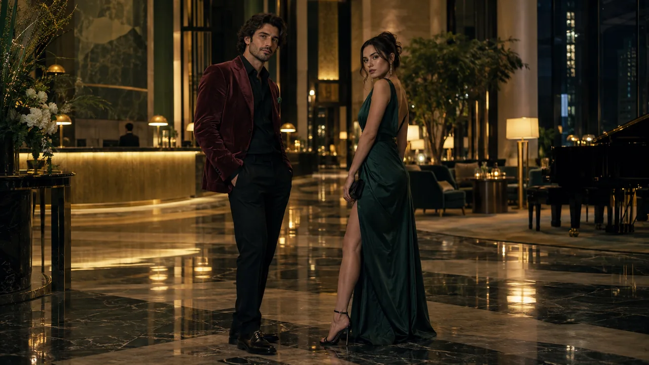 Two performers framed by warm lamps and a reflective marble floor in a hotel lobby.